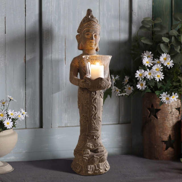 555mm Brown Resin Garden Buddha Statue With Candle Holder Outdoor Sculpture Decor Art - image 1