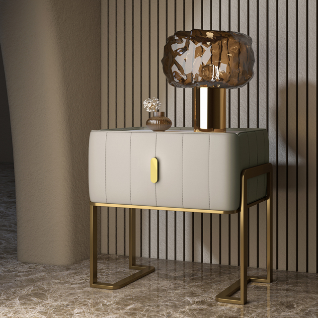Champagne PU Leather Single Drawer Bedroom Nightstand Bedside Table Stone Top Set of 2 - image 1