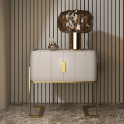 Champagne PU Leather Single Drawer Bedroom Nightstand Bedside Table Stone Top Set of 2 - thumbnail 2