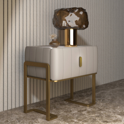 Champagne PU Leather Single Drawer Bedroom Nightstand Bedside Table Stone Top Set of 2 - thumbnail 3