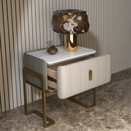 Champagne PU Leather Single Drawer Bedroom Nightstand Bedside Table Stone Top Set of 2 - thumbnail 4
