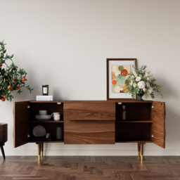 Lake Walnut Sideboard Credenza with Storage Buffet Kitchen Cabinet Wavy Mid-Century - thumbnail 3