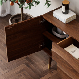Lake Walnut Sideboard Credenza with Storage Buffet Kitchen Cabinet Wavy Mid-Century - thumbnail 5