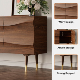 Lake Walnut Sideboard Credenza with Storage Buffet Kitchen Cabinet Wavy Mid-Century - thumbnail 9