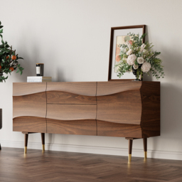 Lake Walnut Sideboard Credenza with Storage Buffet Kitchen Cabinet Wavy Mid-Century - thumbnail 1