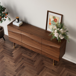 Lake Walnut Sideboard Credenza with Storage Buffet Kitchen Cabinet Wavy Mid-Century - thumbnail 4