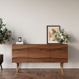 Lake Walnut Sideboard Credenza with Storage Buffet Kitchen Cabinet Wavy Mid-Century - thumbnail 2