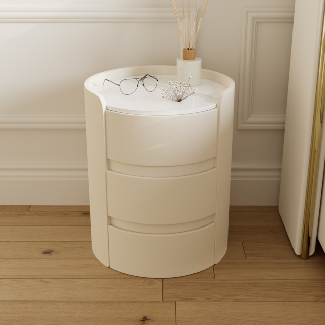 Modern bedside table with 3-drawers and 40 cm wide bedside cabinet in white, marble and leather design - image 1