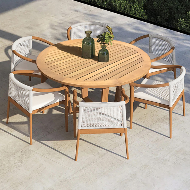 7 Pieces Teak Outdoor Dining Set Wood Round Dining Table with 6 Chairs in Natural - image 1