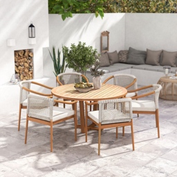 7 Pieces Teak Outdoor Dining Set Wood Round Dining Table with 6 Chairs in Natural - thumbnail 2