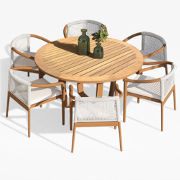 7 Pieces Teak Outdoor Dining Set Wood Round Dining Table with 6 Chairs in Natural - thumbnail 8