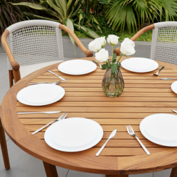 7 Pieces Teak Outdoor Dining Set Wood Round Dining Table with 6 Chairs in Natural - thumbnail 3