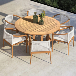 7 Pieces Teak Outdoor Dining Set Wood Round Dining Table with 6 Chairs in Natural - thumbnail 1