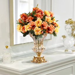 Retro European Style Golden Crystal Glass Carved Vase Artificial Flowers in Vase Set - thumbnail 4