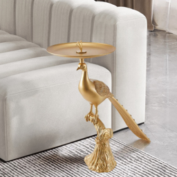 Art Deco Gold Peacock End Table with Tray Top Resin Accent Table - thumbnail 3