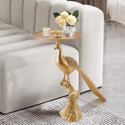 Art Deco Gold Peacock End Table with Tray Top Resin Accent Table - thumbnail 2