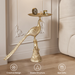 Art Deco Gold Peacock End Table with Tray Top Resin Accent Table - thumbnail 6