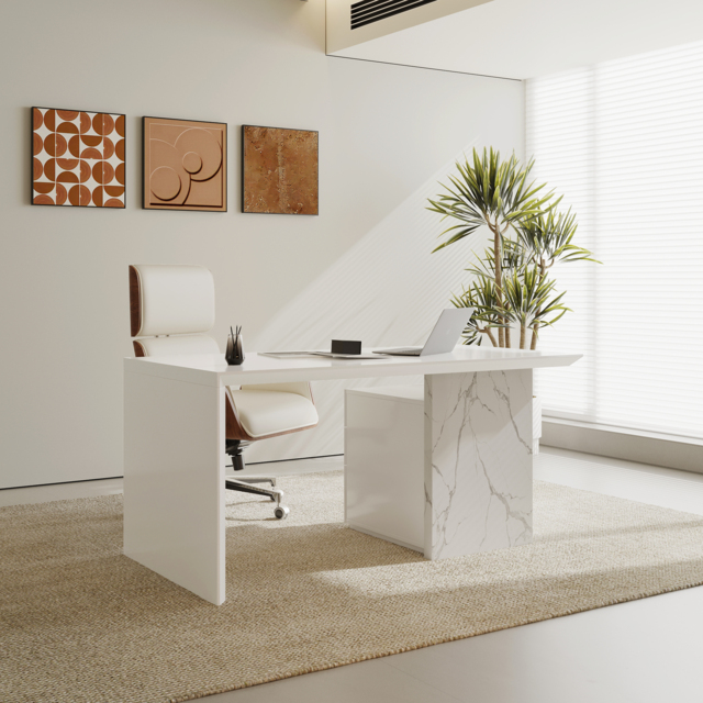 1520mm Modern MDF & Marble Veneer Desk & Off White Home Office Chair Set High Back - image 1