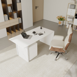 1520mm Modern MDF & Marble Veneer Desk & Off White Home Office Chair Set High Back - thumbnail 4