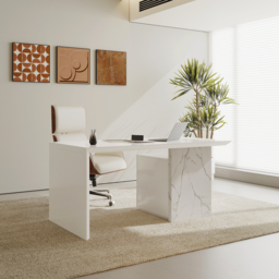 1520mm Modern MDF & Marble Veneer Desk & Off White Home Office Chair Set High Back - thumbnail 1