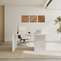 1520mm Modern MDF & Marble Veneer Desk & Off White Home Office Chair Set High Back - thumbnail 2
