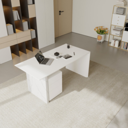 1520mm Modern MDF & Marble Veneer Desk & Off White Home Office Chair Set High Back - thumbnail 5