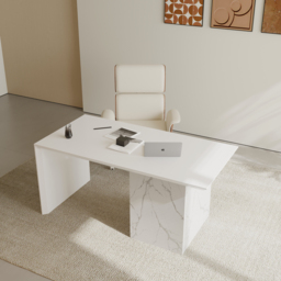 1520mm Modern MDF & Marble Veneer Desk & Off White Home Office Chair Set High Back - thumbnail 3