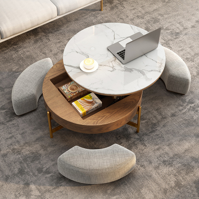 Round Lift-Top Coffee Table Set with 3 Ottomans and Storage White Tabletop and Walnut-Coloured Body - image 1