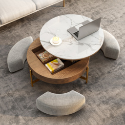 Round Lift-Top Coffee Table Set with 3 Ottomans and Storage White Tabletop and Walnut-Coloured Body - thumbnail 1