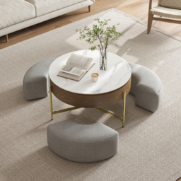 Round Lift-Top Coffee Table Set with 3 Ottomans and Storage White Tabletop and Walnut-Coloured Body - thumbnail 2