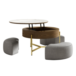 Round Lift-Top Coffee Table Set with 3 Ottomans and Storage White Tabletop and Walnut-Coloured Body - thumbnail 6