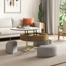 Round Lift-Top Coffee Table Set with 3 Ottomans and Storage White Tabletop and Walnut-Coloured Body - thumbnail 4
