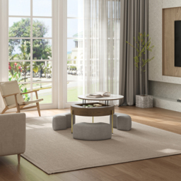 Round Lift-Top Coffee Table Set with 3 Ottomans and Storage White Tabletop and Walnut-Coloured Body - thumbnail 5