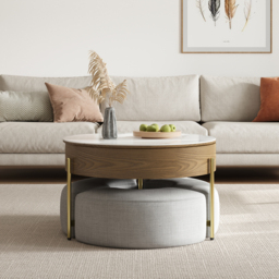 Round Lift-Top Coffee Table Set with 3 Ottomans and Storage White Tabletop and Walnut-Coloured Body - thumbnail 3