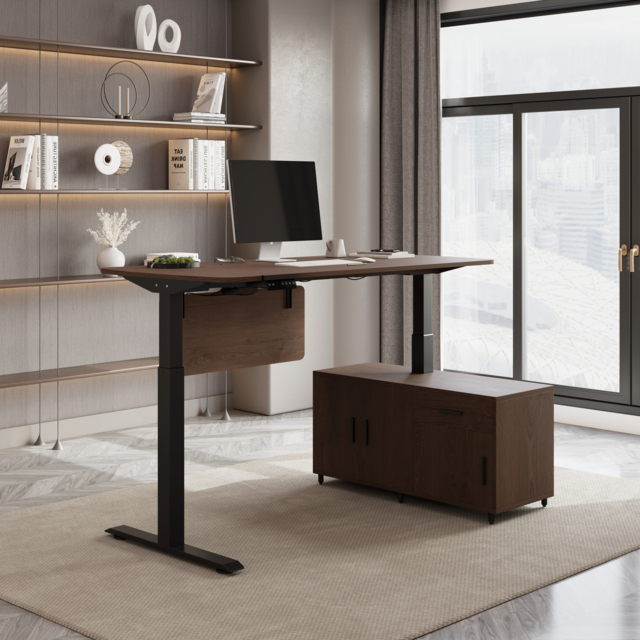 L Shaped Executive Office Desk with Adjustable Electric Standing Desktop Walnut Office Furniture Right Hand (1600mm) - image 1