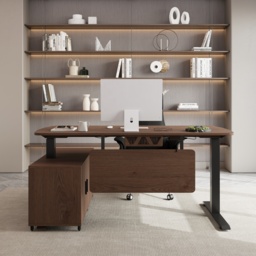 L Shaped Executive Office Desk with Adjustable Electric Standing Desktop Walnut Office Furniture Right Hand (1600mm) - thumbnail 3