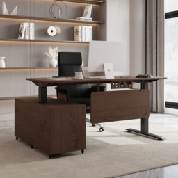 L Shaped Executive Office Desk with Adjustable Electric Standing Desktop Walnut Office Furniture Right Hand (1600mm) - thumbnail 2