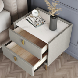Modern PU Leather Nightstand with 2 Drawers Bedside Table in Light Gray Set of 2 - thumbnail 4
