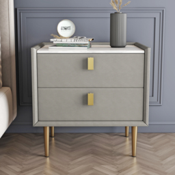 Modern PU Leather Nightstand with 2 Drawers Bedside Table in Light Gray Set of 2 - thumbnail 2
