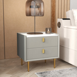 Modern PU Leather Nightstand with 2 Drawers Bedside Table in Light Gray Set of 2 - thumbnail 5