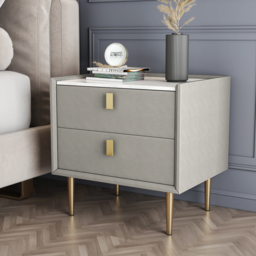 Modern PU Leather Nightstand with 2 Drawers Bedside Table in Light Gray Set of 2 - thumbnail 3