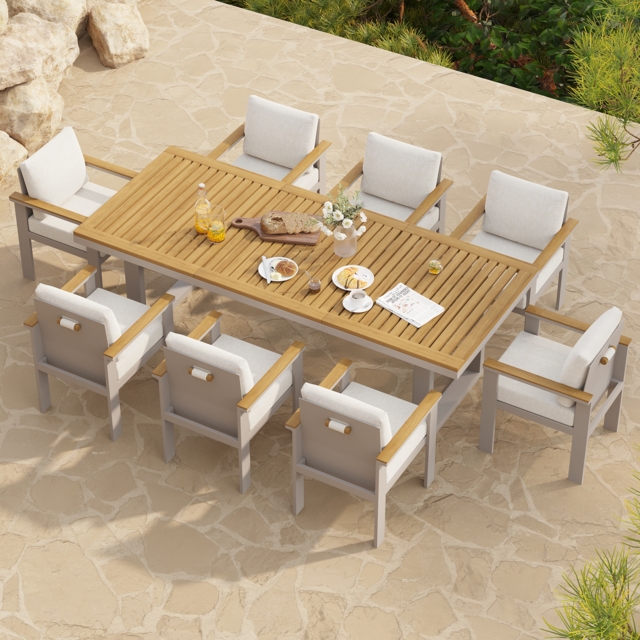 Tevara Teak and Aluminium Rectangular Patio Dining Table, Modern Outdoor Garden and Patio Furniture for 6-8 People, Outdoor Dining Chair - image 1