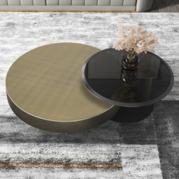 Modern Gold & Black 2-Piece Round Nesting Coffee Table Set with Tempered Glass Top - thumbnail 2