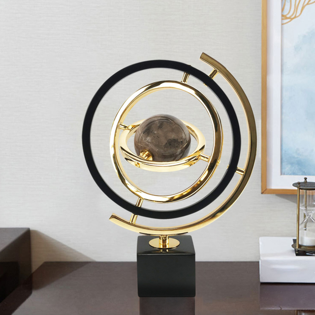 Modern Abstract Metal Black & Gold Globe Ornament Sculpture Decor with Rectangle Stand - image 1