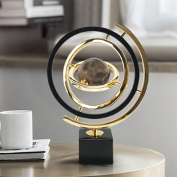 Modern Abstract Metal Black & Gold Globe Ornament Sculpture Decor with Rectangle Stand - thumbnail 2