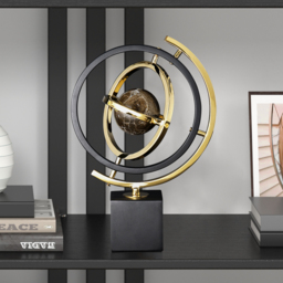 Modern Abstract Metal Black & Gold Globe Ornament Sculpture Decor with Rectangle Stand - thumbnail 5
