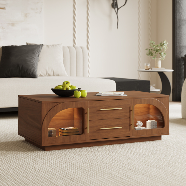 Arune Arched Glass Coffee Table Modern Walnut Living Room Furniture with Storage and LED Light - image 1