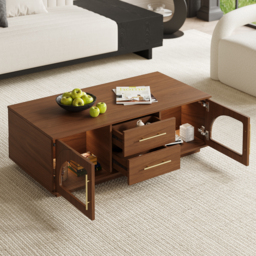 Arune Arched Glass Coffee Table Modern Walnut Living Room Furniture with Storage and LED Light - thumbnail 4