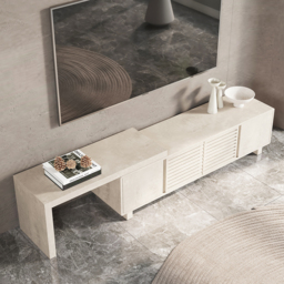 "Distressed White Retracted & Extendable TV Stand with 4 Shelves Up to 85"" Modern TV Unit" - thumbnail 3