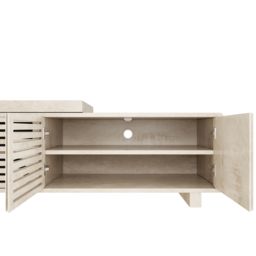 "Distressed White Retracted & Extendable TV Stand with 4 Shelves Up to 85"" Modern TV Unit" - thumbnail 5
